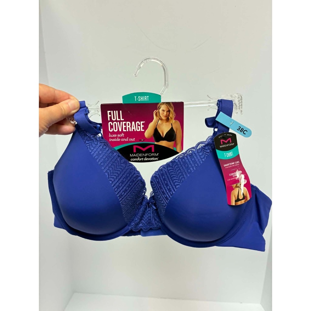 Maidenform Comfort Devotion Full Coverage Bra 38C Blue T-Shirt Bra Lace Trim NWT